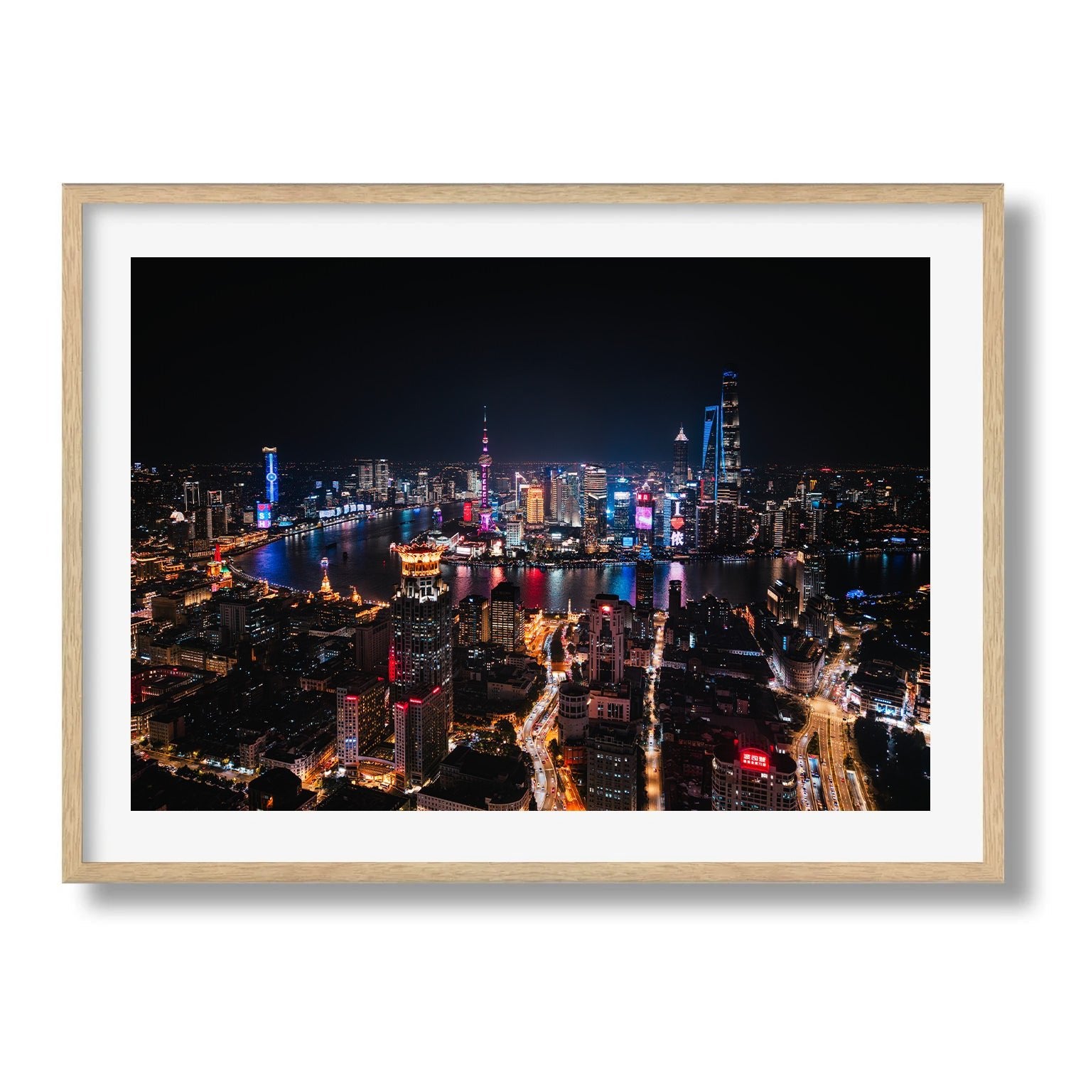 Shanghai Illuminated: A Night View from Above Framed Print - Aerial by Peter Yan Studio