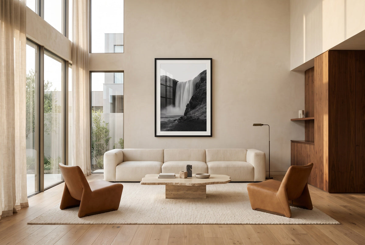 Skógafoss in Black and White Framed Print - Black & White by Peter Yan Studio
