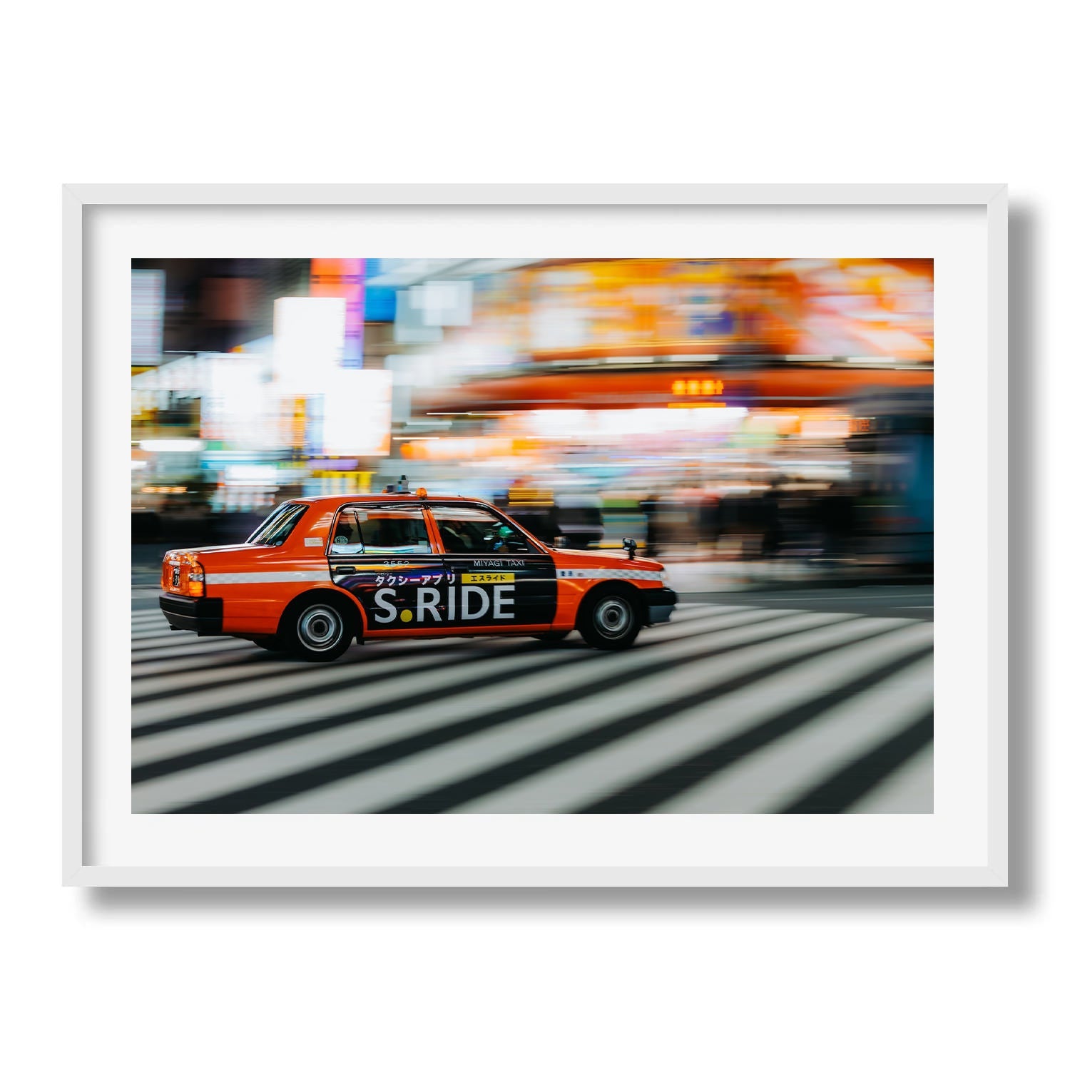 Speeding orange taxi in Shinjuku - Peter Yan Studio Framed Photo Print Wall Art
