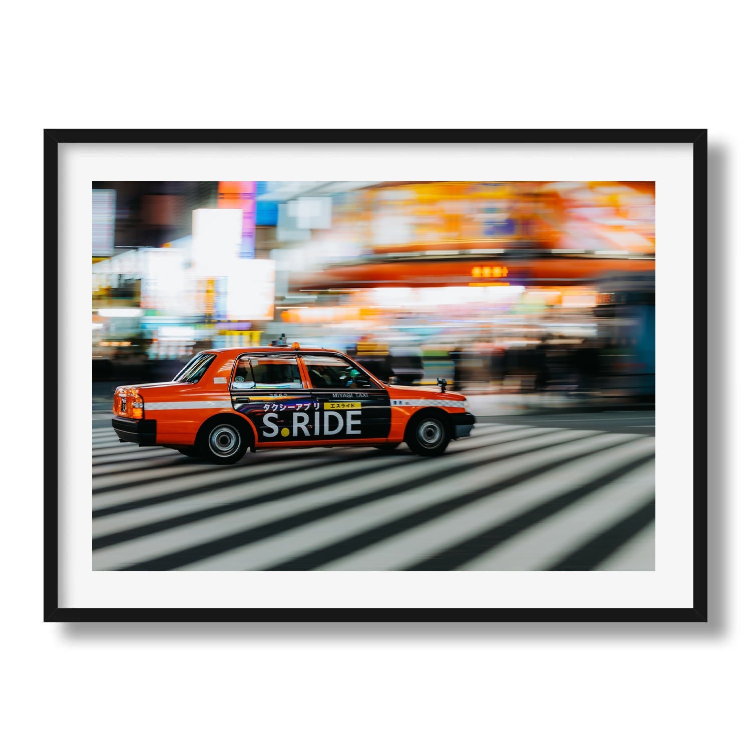 Speeding orange taxi in Shinjuku - Peter Yan Studio Framed Photo Print Wall Art
