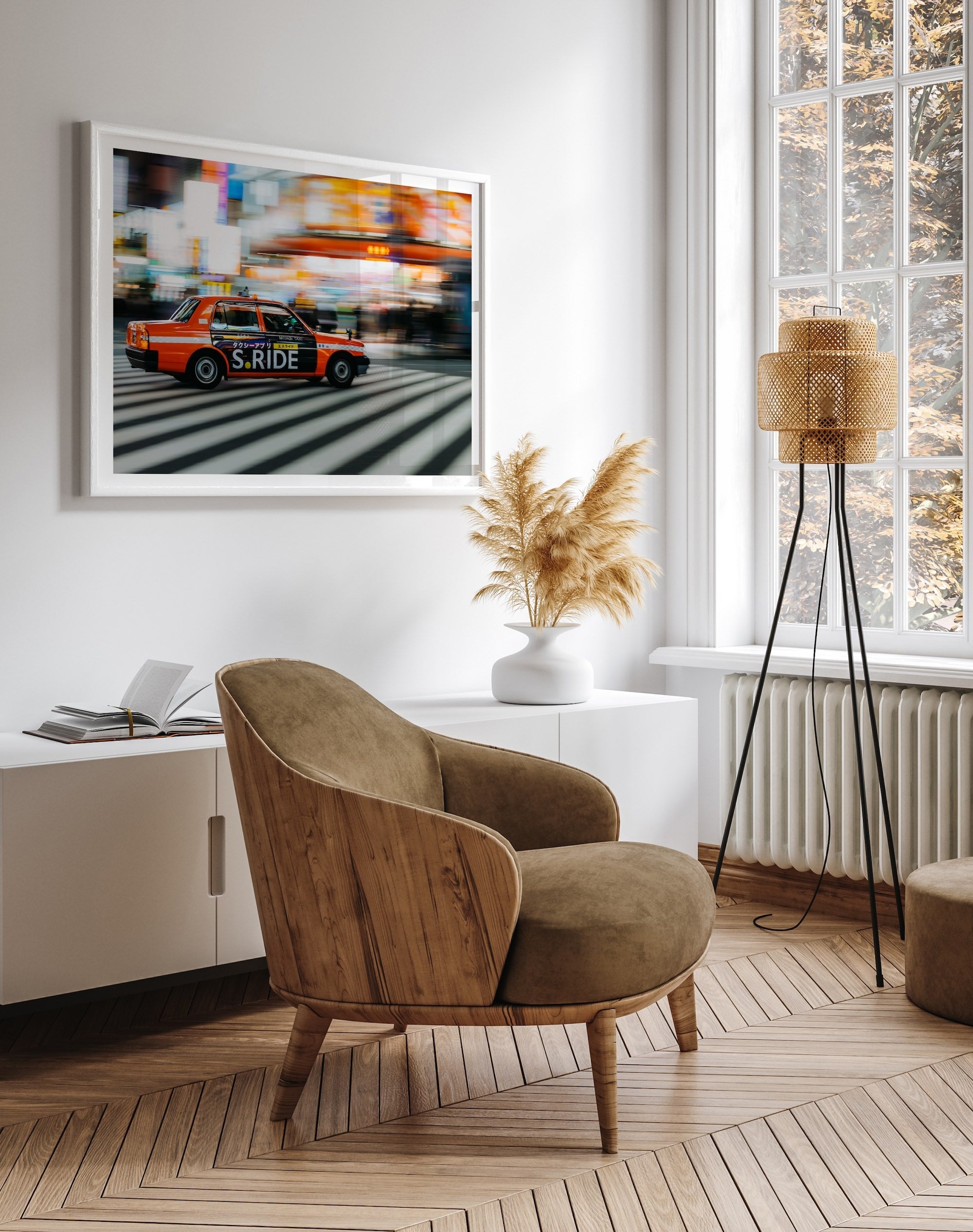 Speeding orange taxi in Shinjuku - Peter Yan Studio Framed Photo Print Wall Art