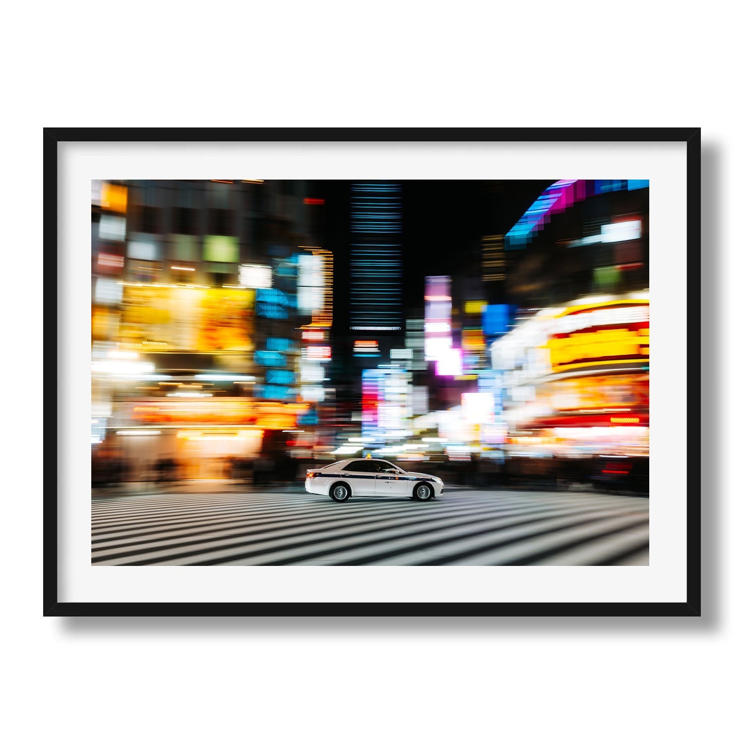 Speeding white taxi in Shinjuku - Peter Yan Studio Framed Photo Print Wall Art