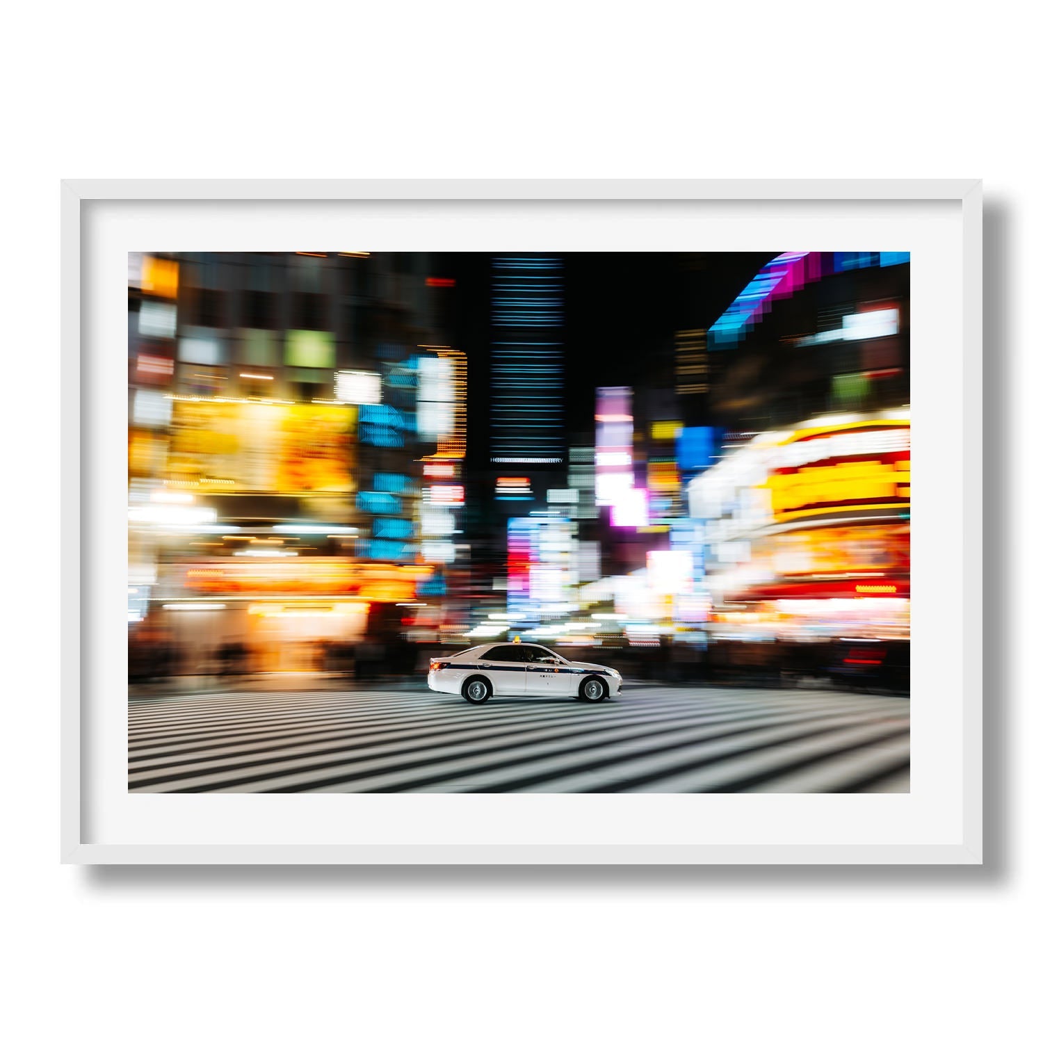 Speeding white taxi in Shinjuku - Peter Yan Studio Framed Photo Print Wall Art