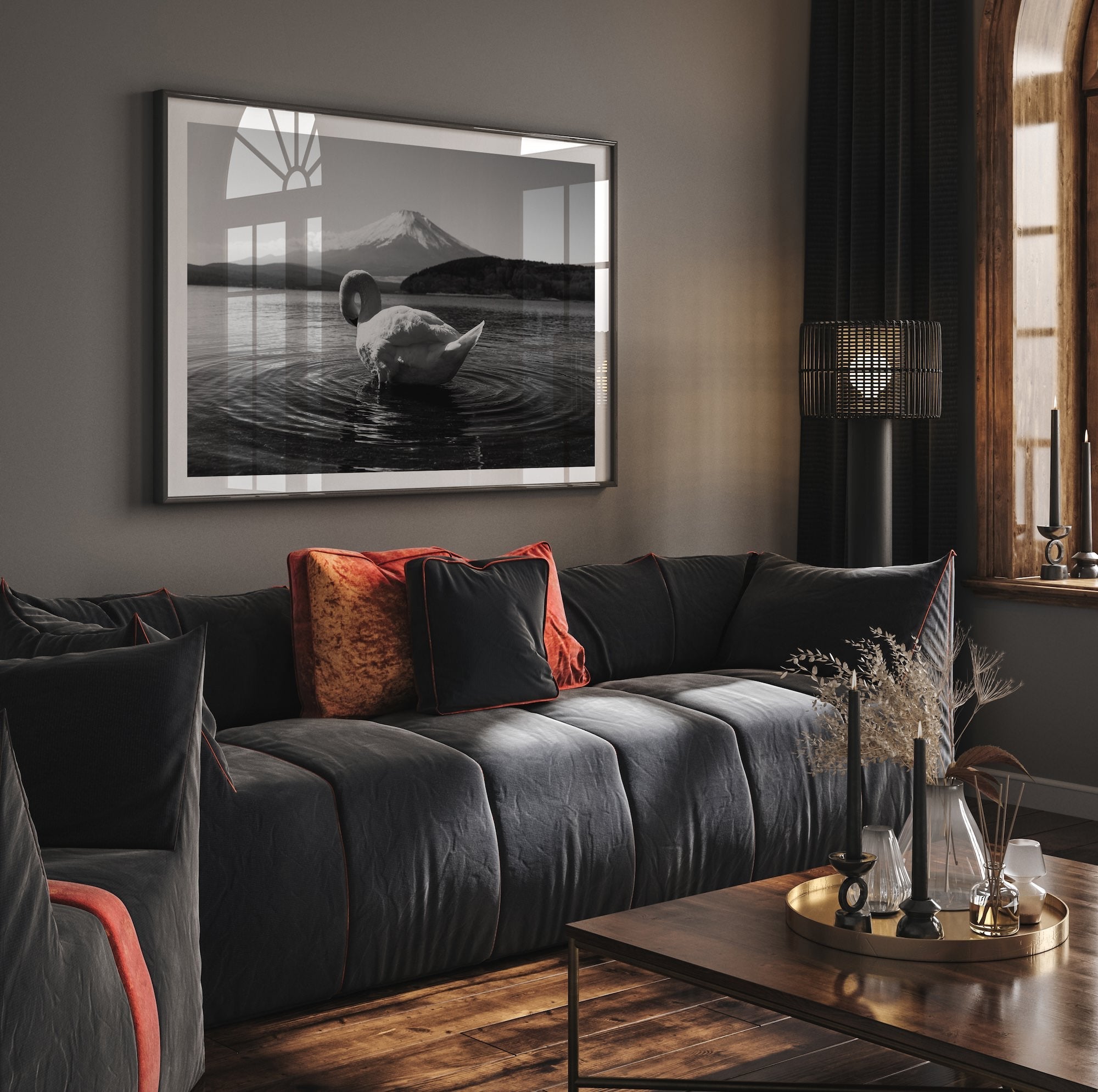 Swan Resting at Mt Fuji in Black and White - Peter Yan Studio Framed Photo Print Wall Art