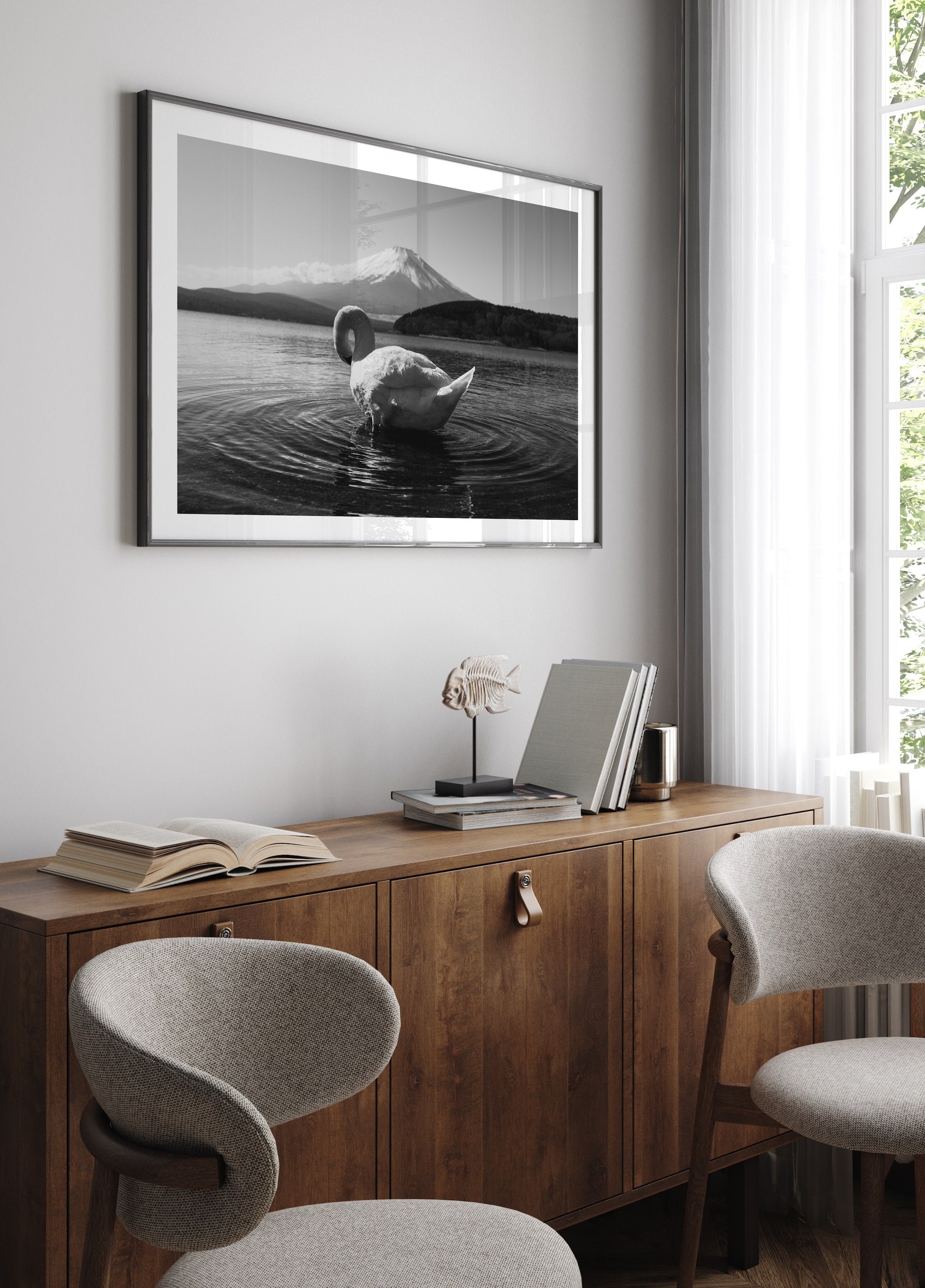Swan Resting at Mt Fuji in Black and White - Peter Yan Studio Framed Photo Print Wall Art
