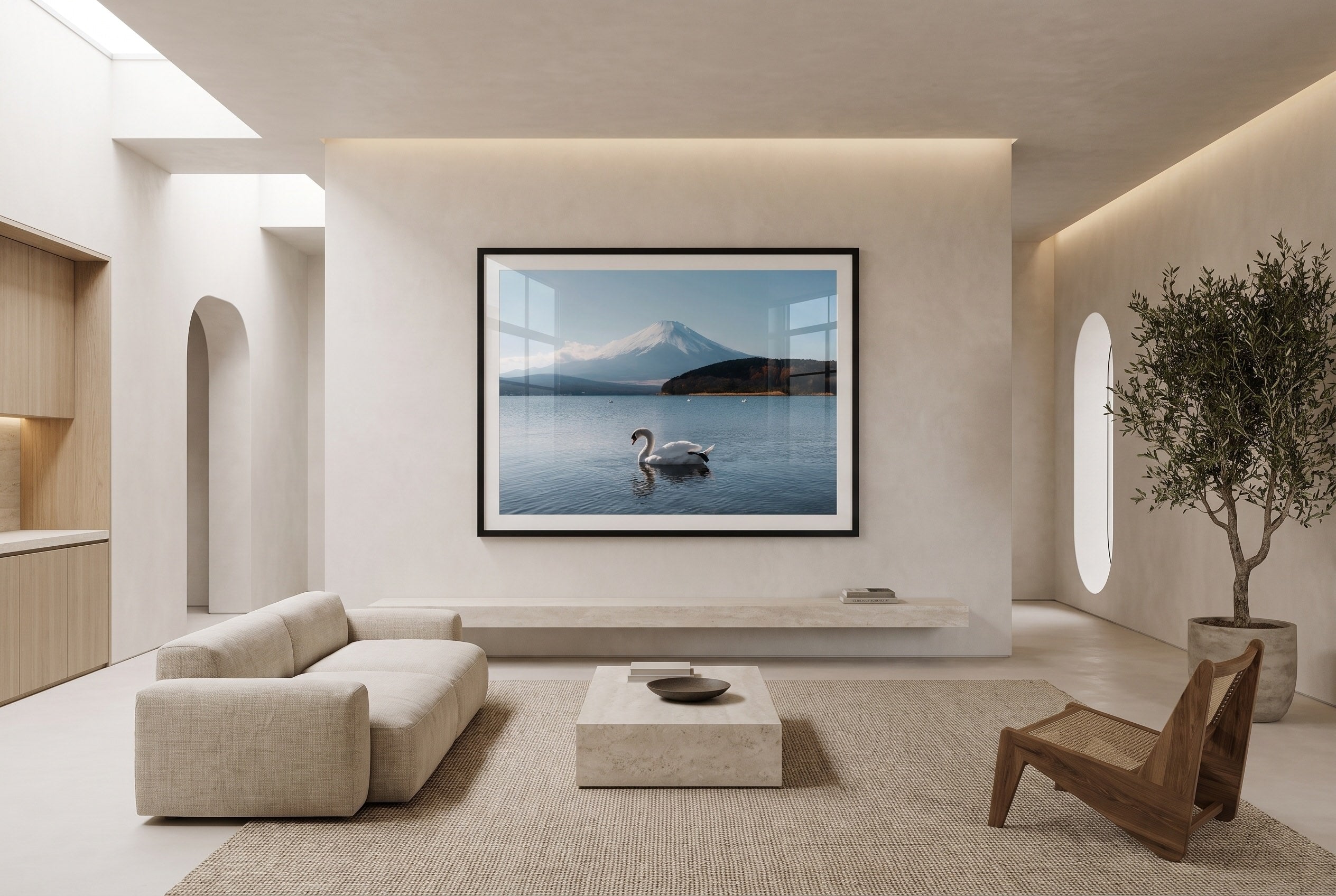 Swan’s Tranquil Glide by Mt Fuji Framed Print - Animals by Peter Yan Studio