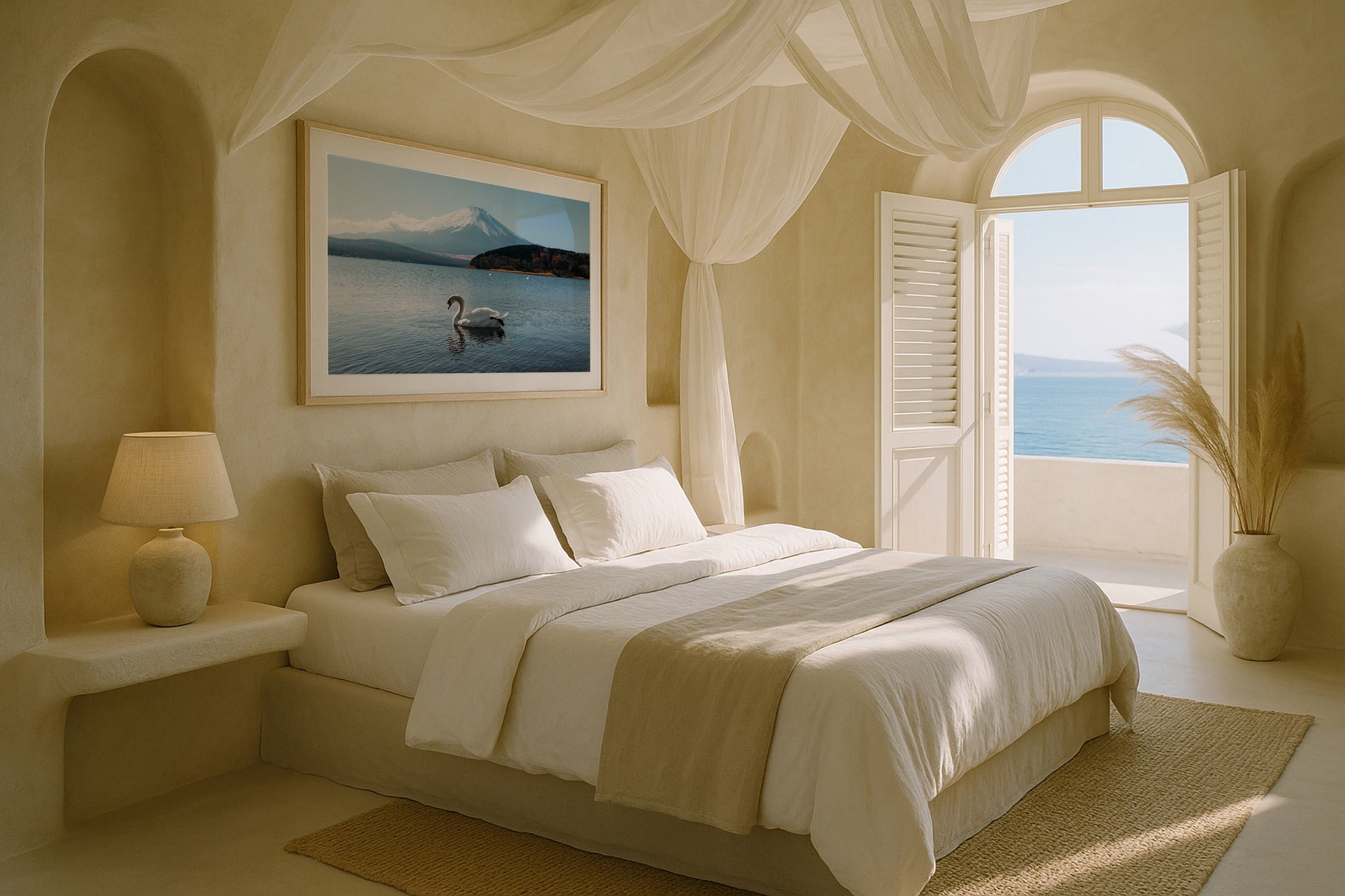 Swan’s Tranquil Glide by Mt Fuji Framed Print - Animals by Peter Yan Studio