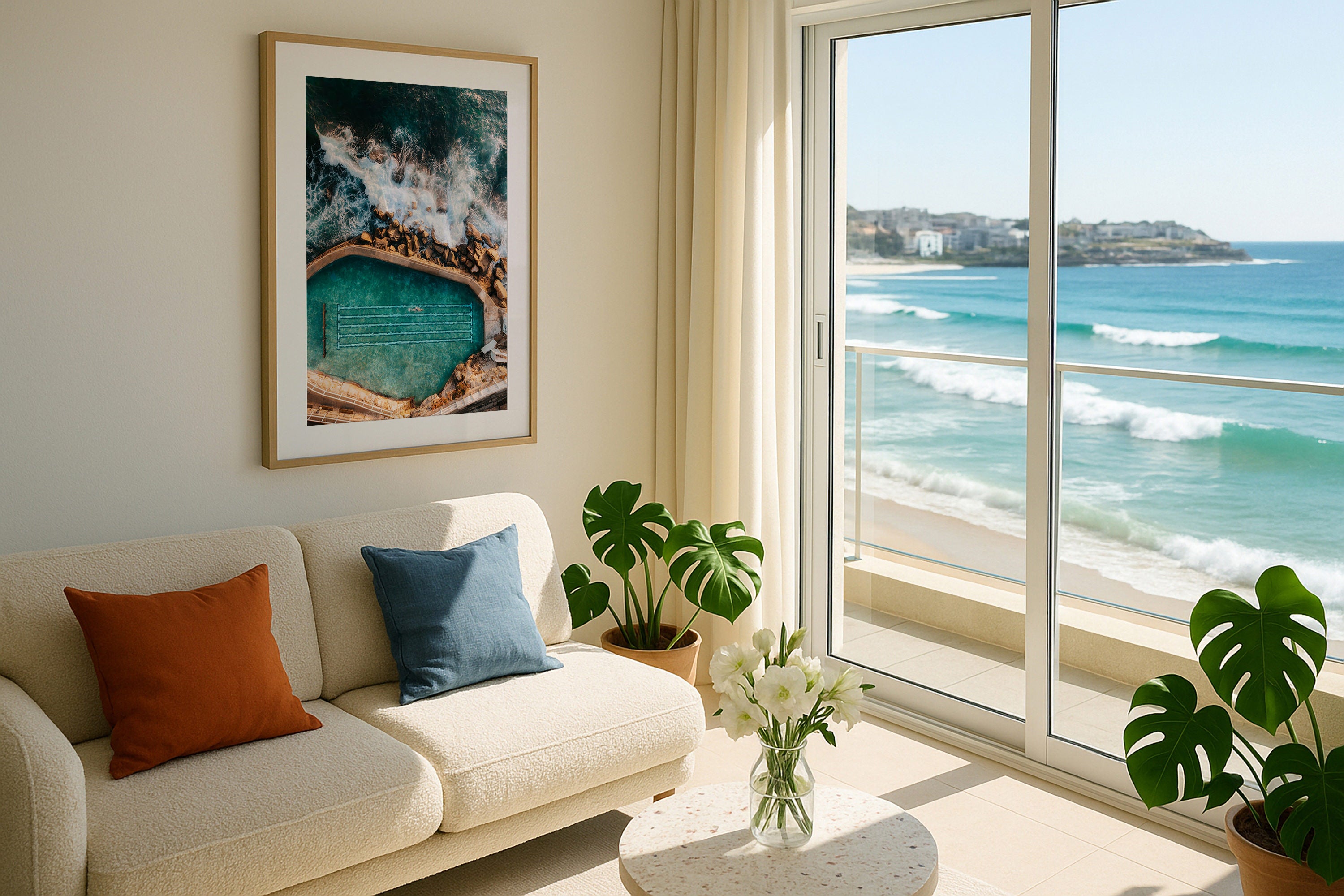 Sydney Bronte Rock Pool Swimmer Framed Print - Aerial by Peter Yan Studio