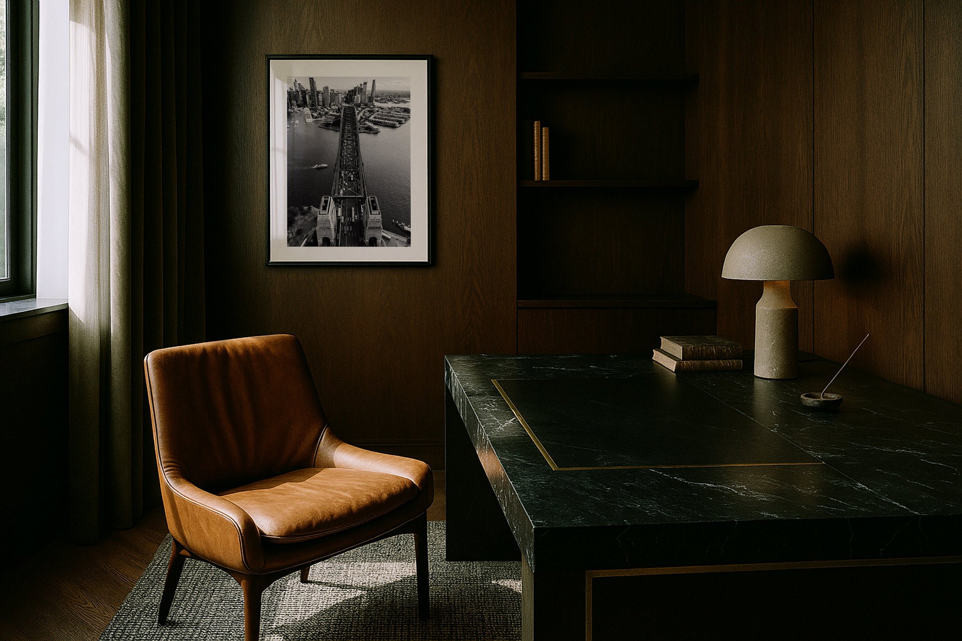 Sydney Harbour Bridge From Above Black & White Framed Print - Architecture by Peter Yan Studio