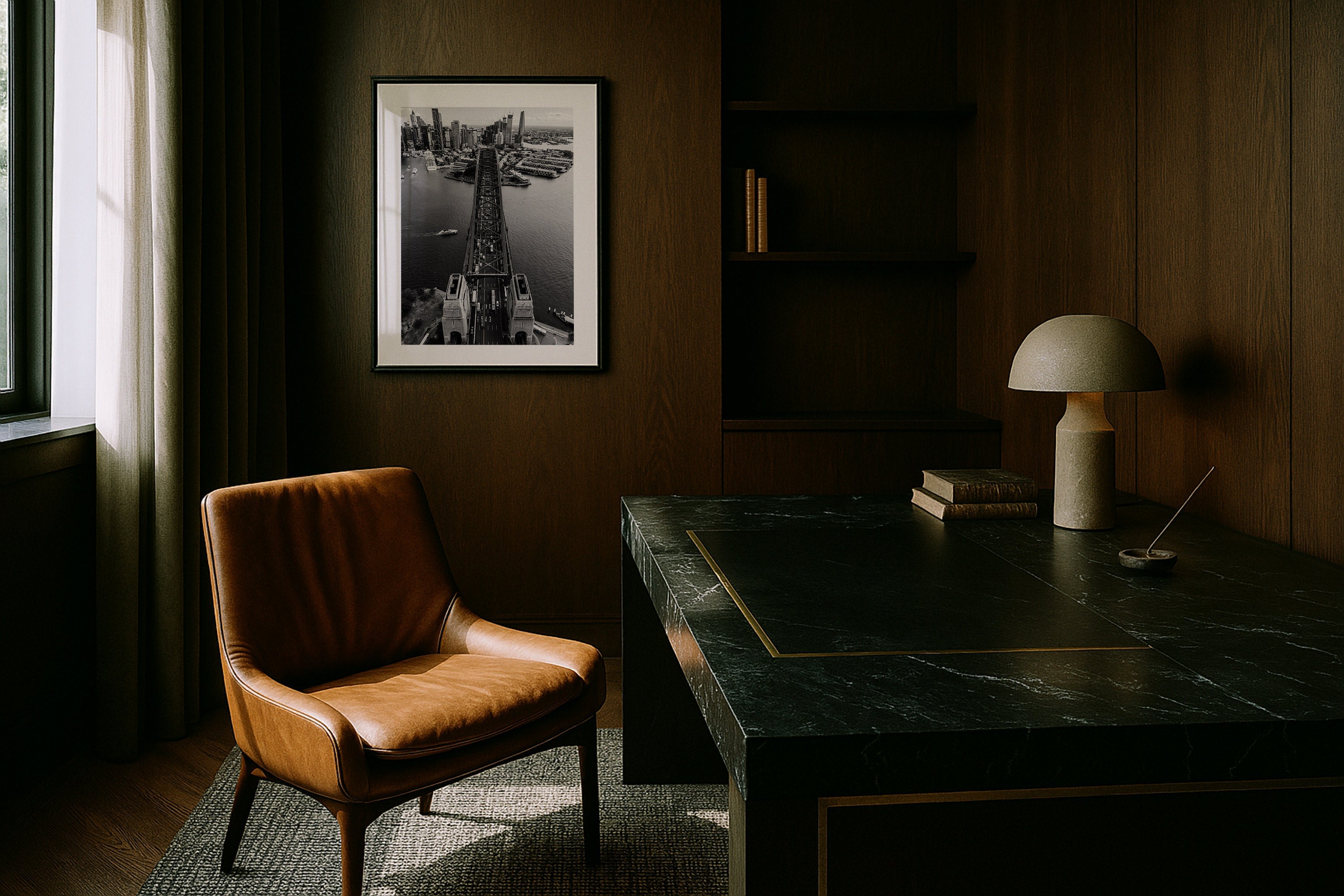 Sydney Harbour Bridge From Above Black & White Framed Print - Architecture by Peter Yan Studio