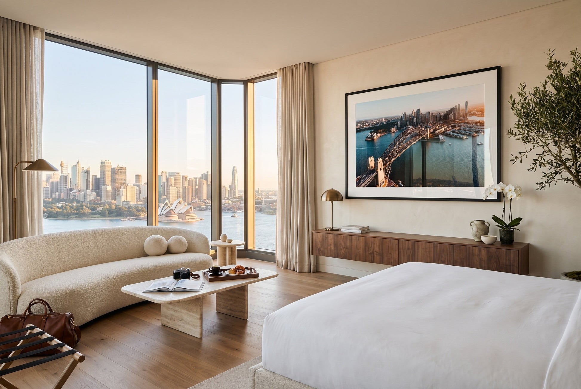 Sydney Harbour Sunset Framed Print - Aerial by Peter Yan Studio