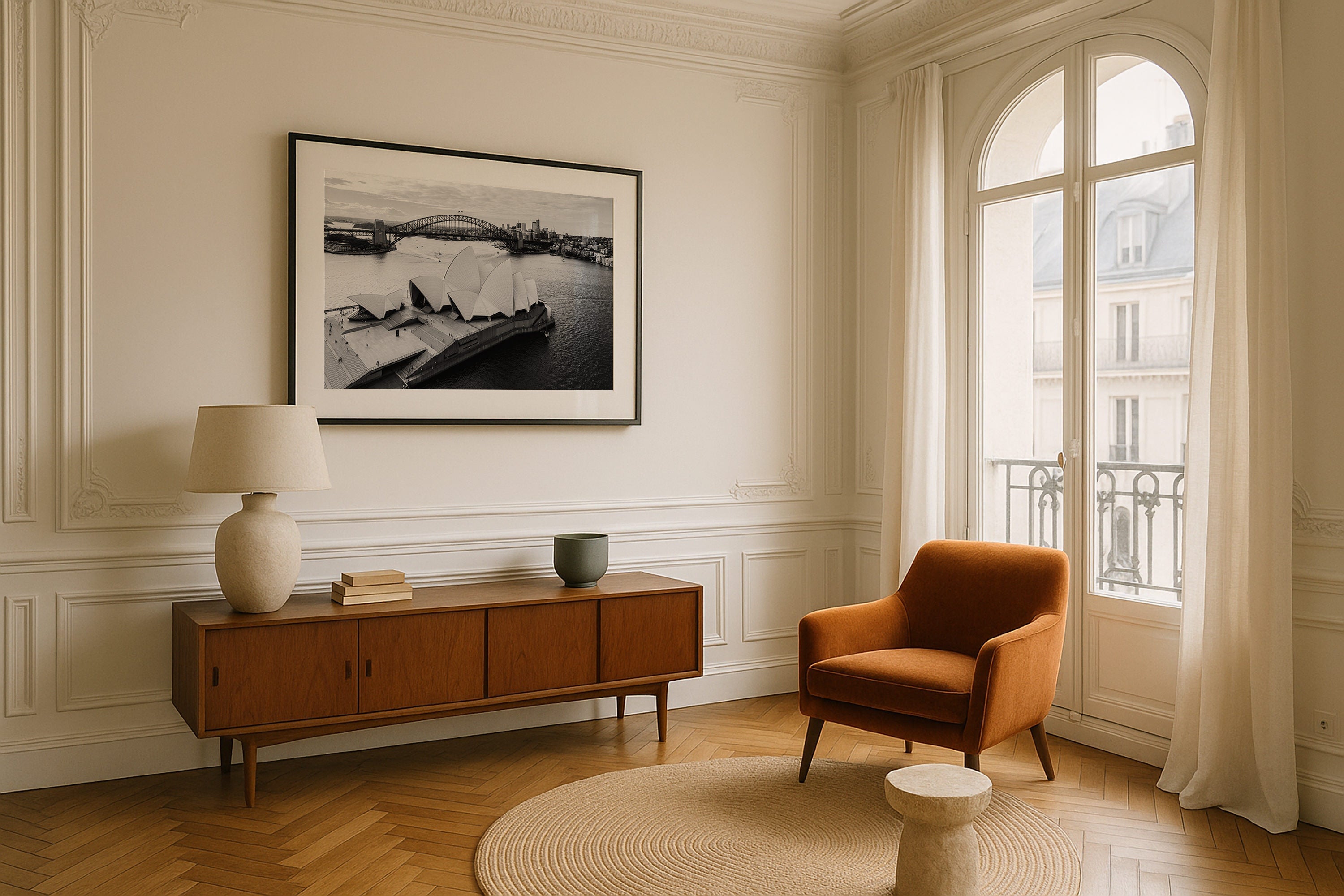 Sydney Opera House and Harbour Bridge Black & White Framed Print - Aerial by Peter Yan Studio