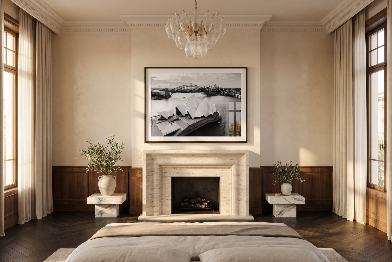 Sydney Opera House and Harbour Bridge Black & White Framed Print - Aerial by Peter Yan Studio