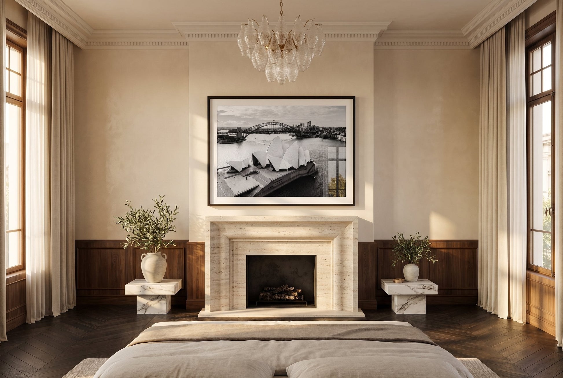 Sydney Opera House and Harbour Bridge Black & White Framed Print - Aerial by Peter Yan Studio