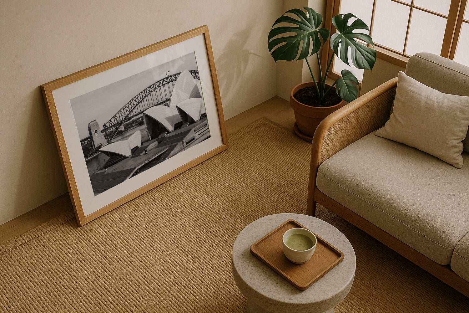 Sydney Opera House and Harbour Bridge II Black & White Framed Print - Aerial by Peter Yan Studio