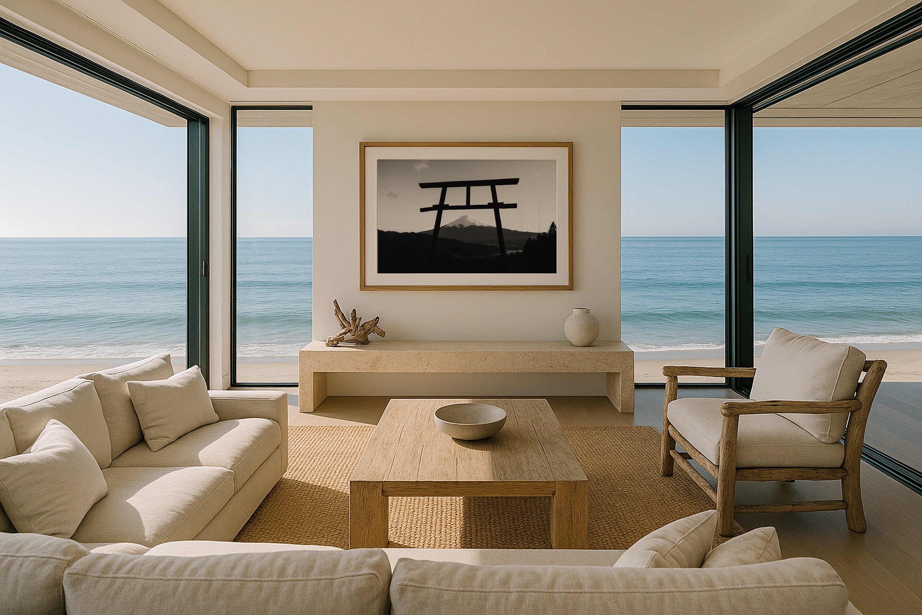 Tenku - no Torii Fuji Black and White Framed Print - Architecture by Peter Yan Studio