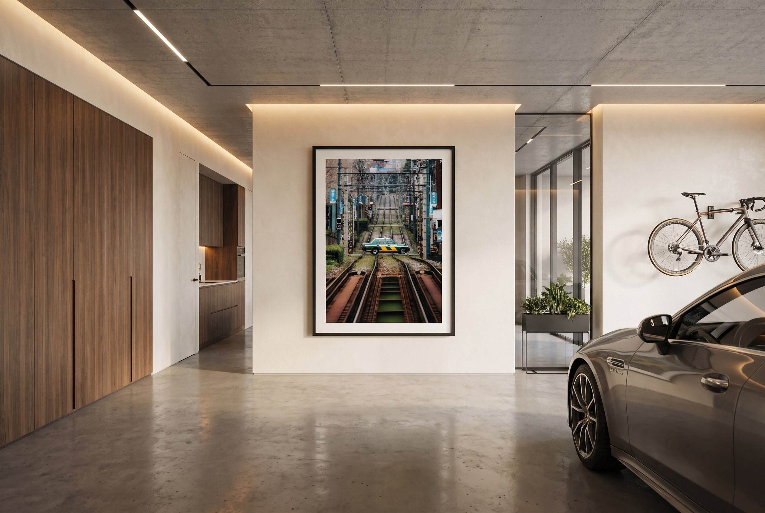Tokyo taxi crossing tramline Framed Print - City by Peter Yan Studio