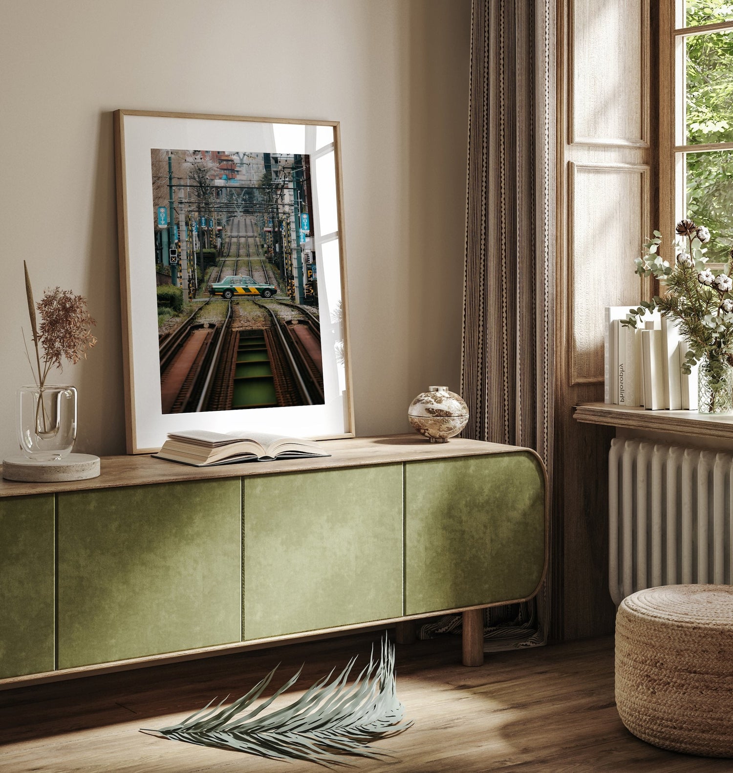 Tokyo taxi crossing tramline Framed Print - City by Peter Yan Studio