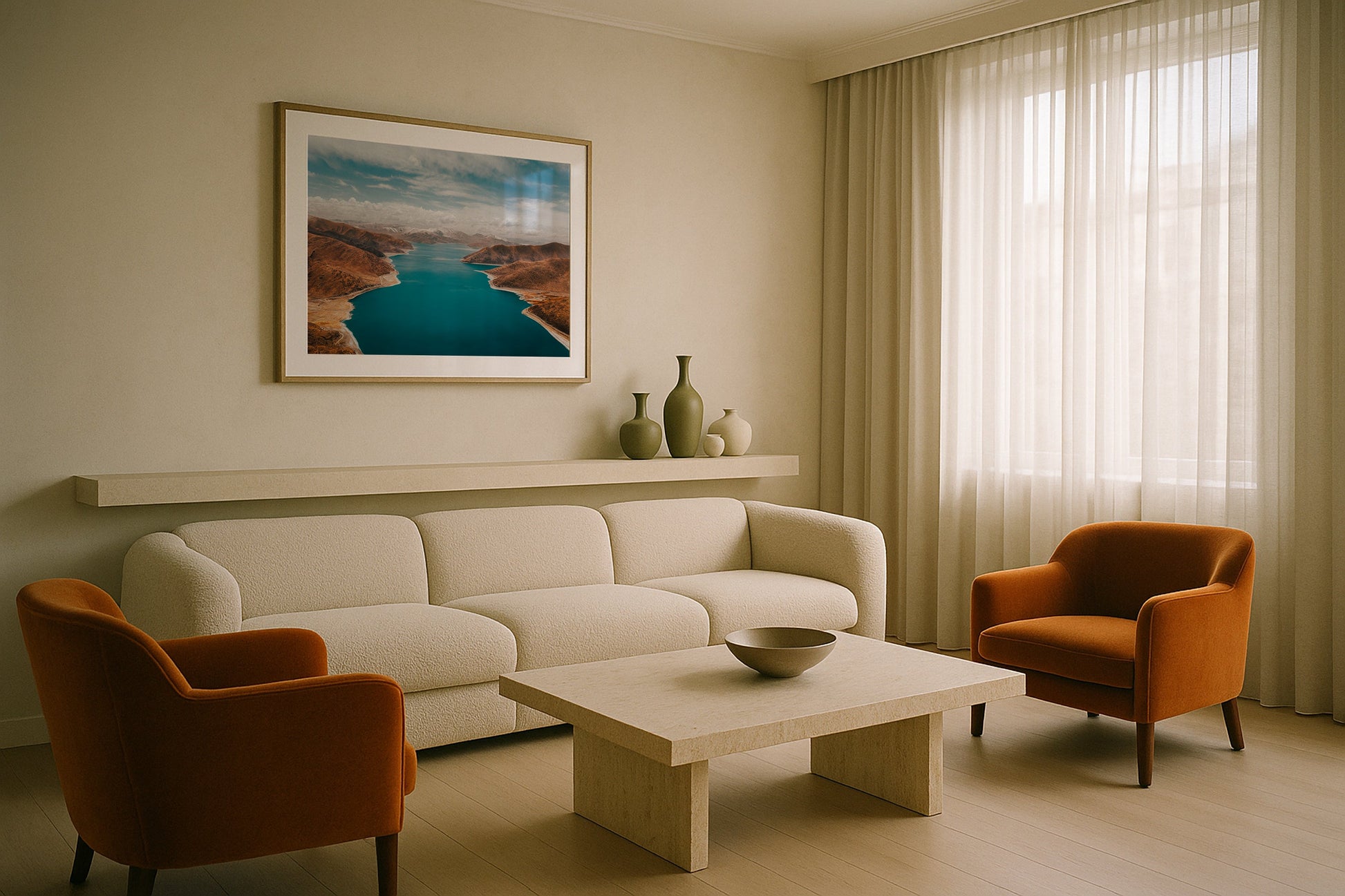 Turquoise Waters of Yamdrok Lake, Tibet Framed Print - Aerial by Peter Yan Studio