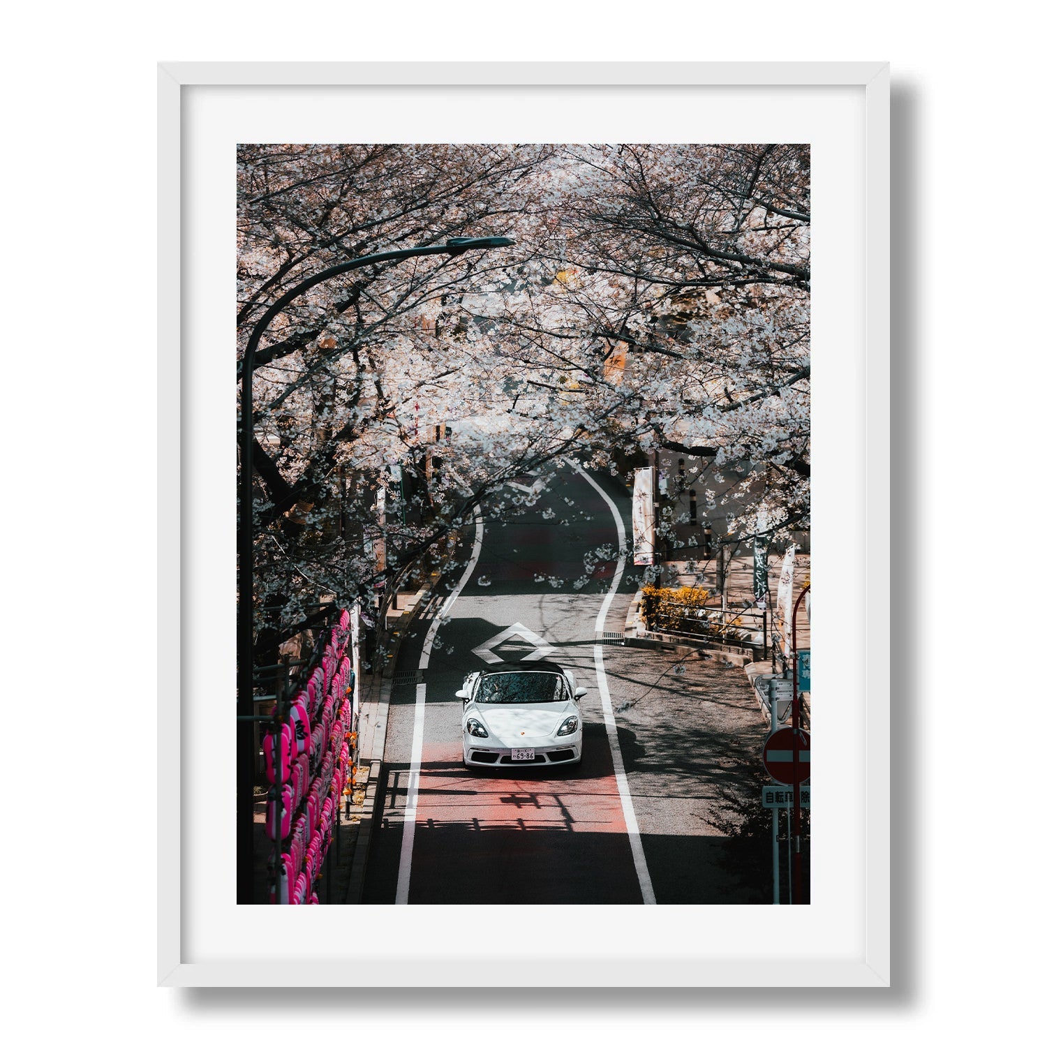 White Porsche Under the Cherry Blossom in Tokyo Framed Print - City by Peter Yan Studio