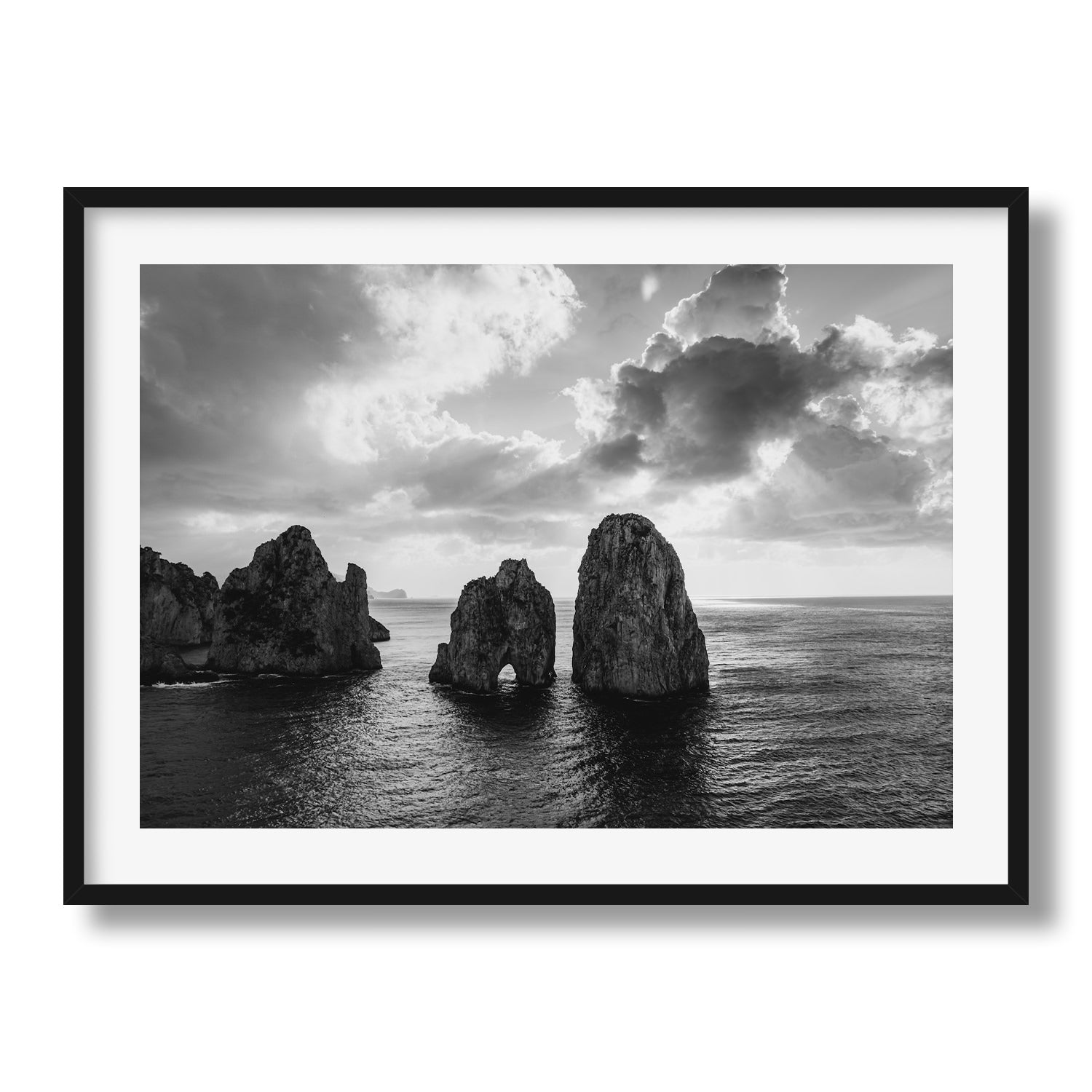 Capri Faraglioni Rocks in Black & White Framed Print - Aerial by Peter Yan Studio