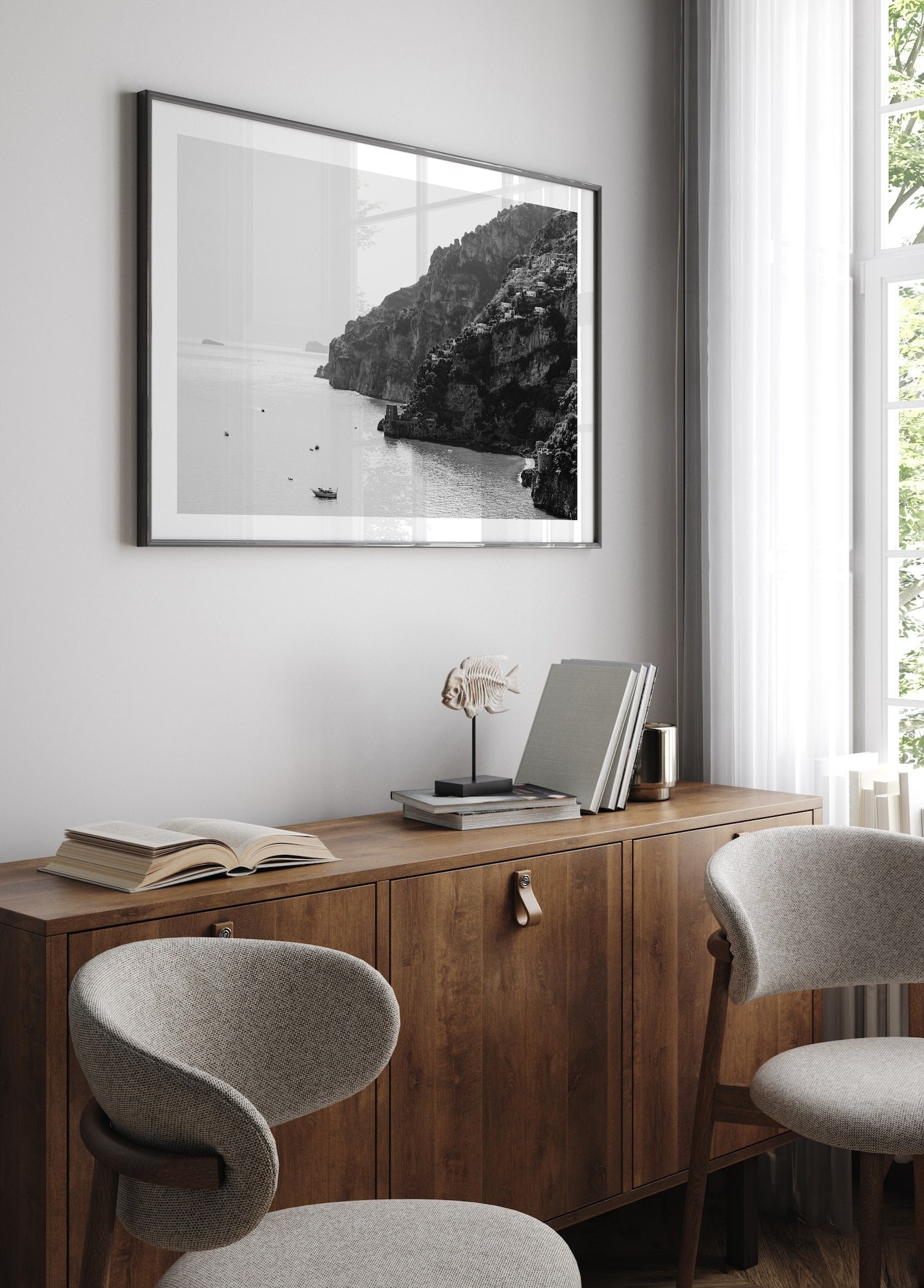 Coastal Positano Black & White Framed Print - Aerial by Peter Yan Studio