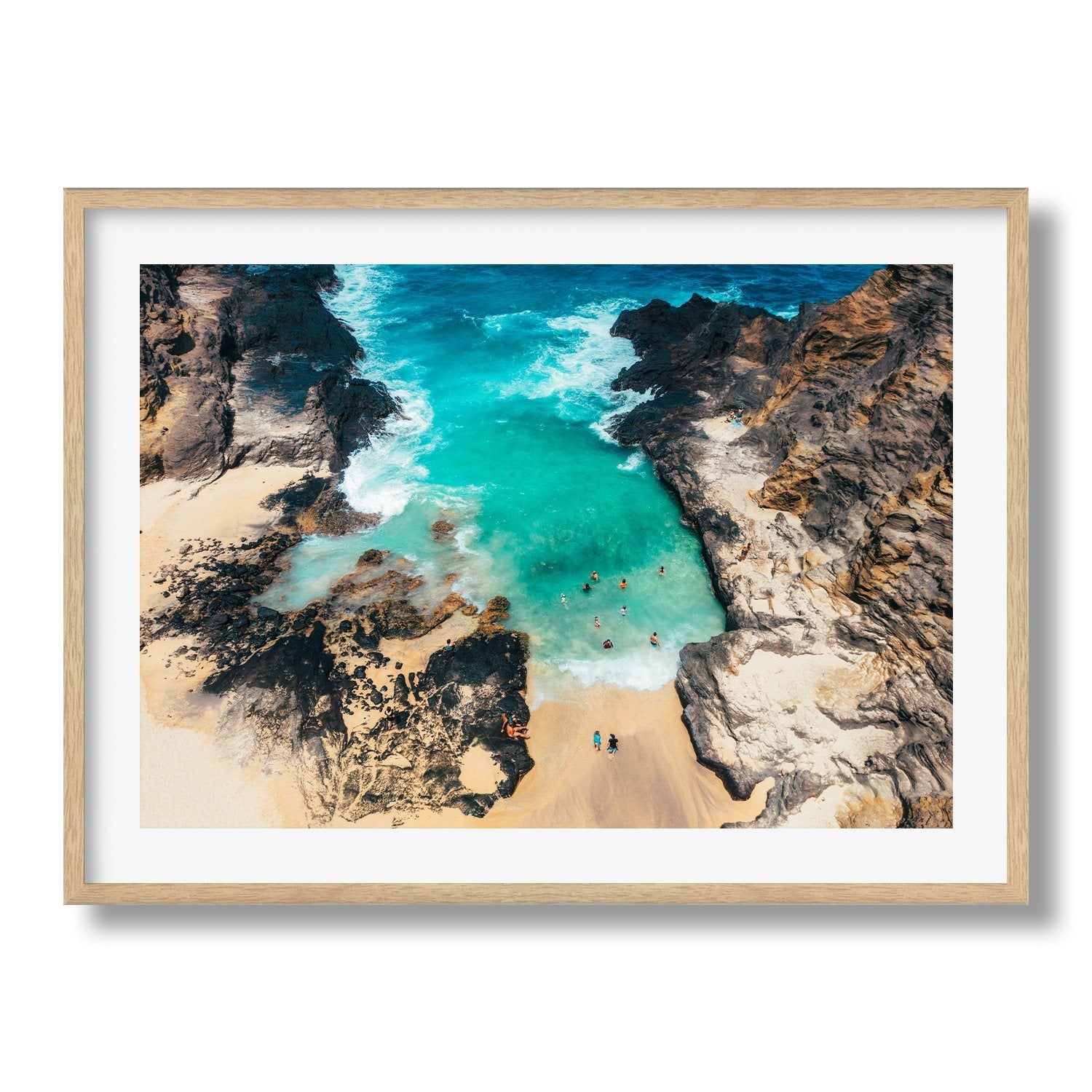 Halona Beach Cove Hawaii Framed Print - Aerial by Peter Yan Studio