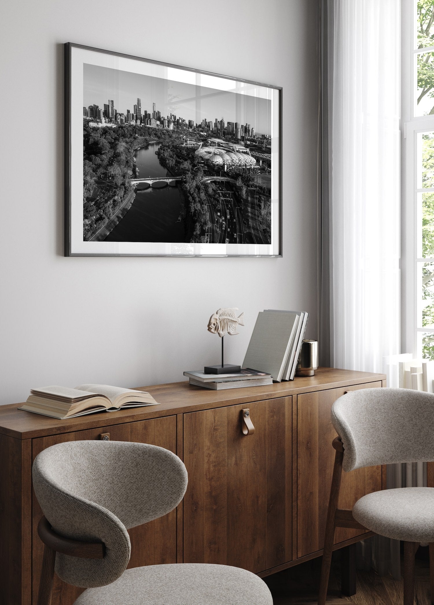 Melbourne Park and Yarra River Black & White - Peter Yan Studio Framed Photo Print Wall Art