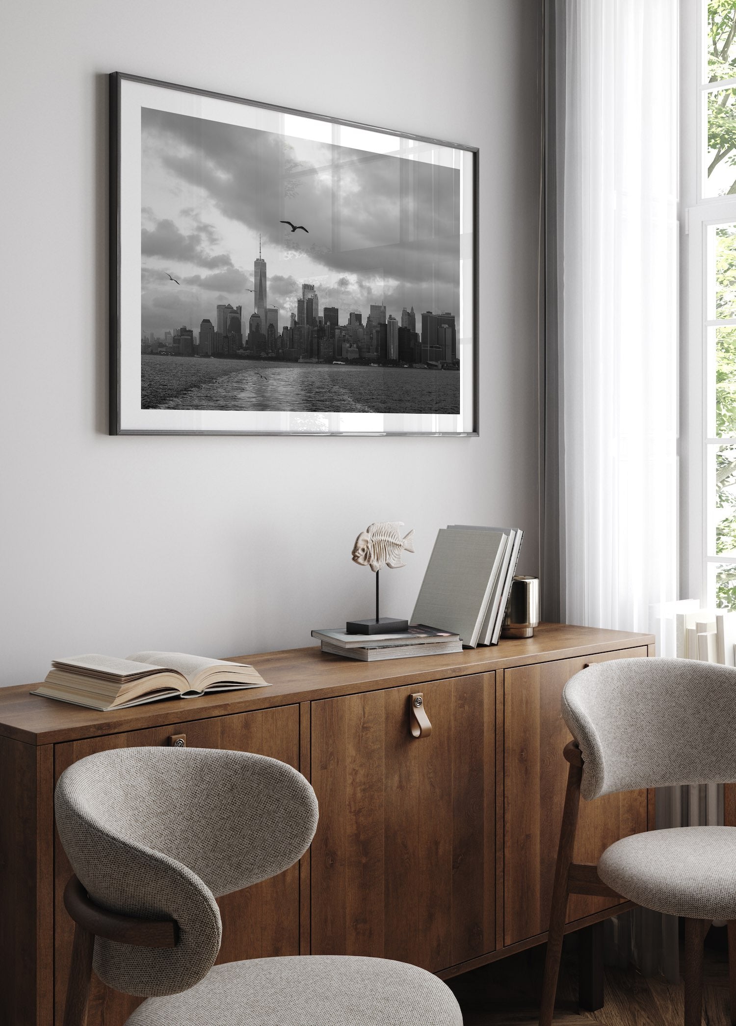 New York City from Hudson River in Black & White - Peter Yan Studio Framed Photo Print Wall Art