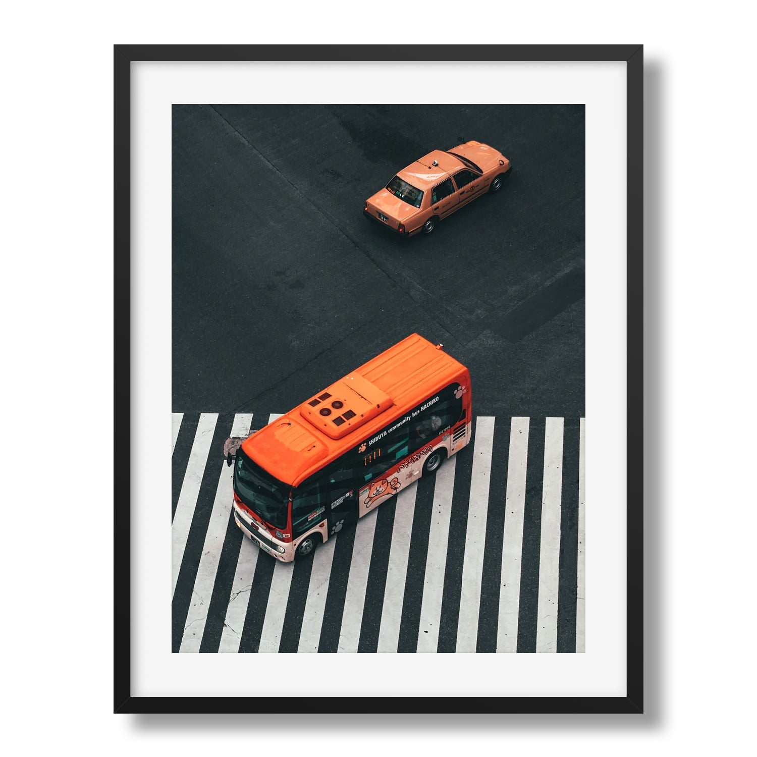 Shibuya Crossing - Bus & Taxi Framed Print - Aerial by Peter Yan Studio