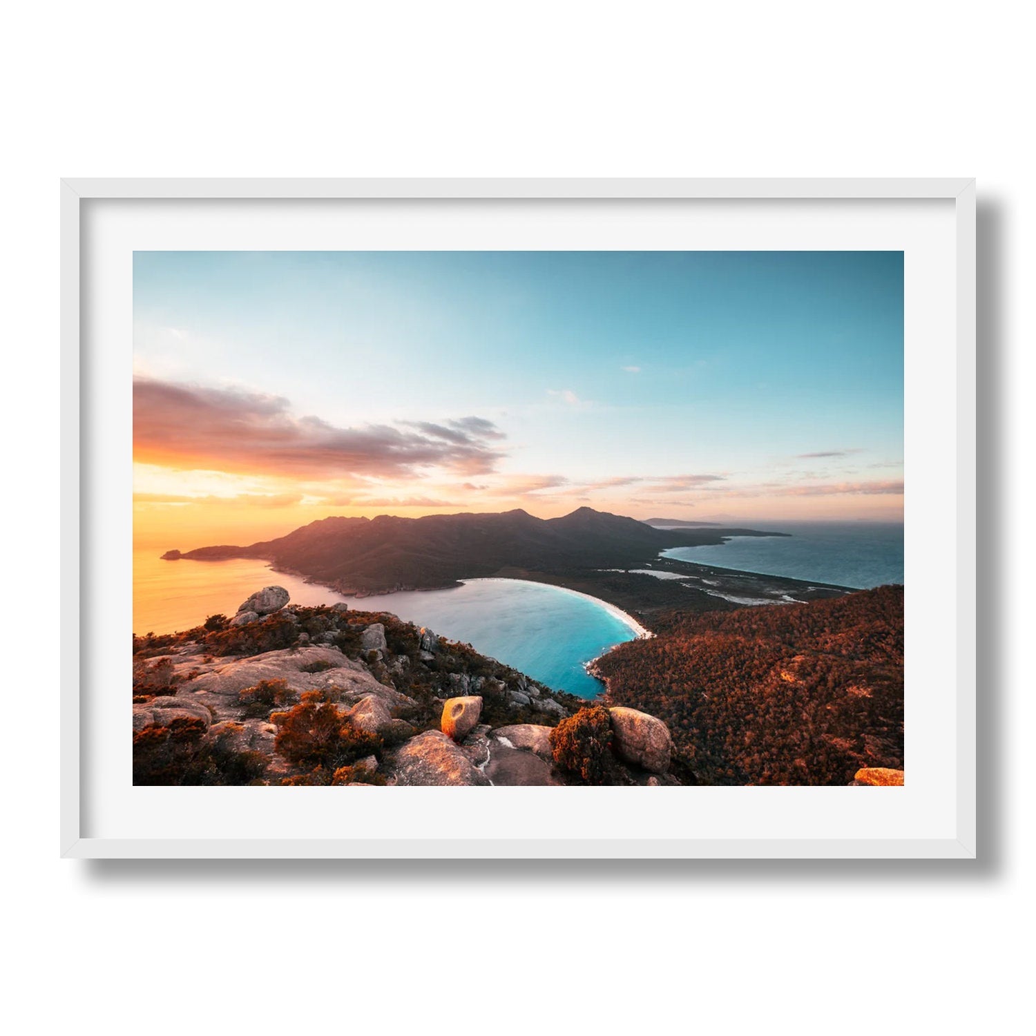 Wineglass Bay Sunrise, Tasmania Framed Print - Aerial by Peter Yan Studio